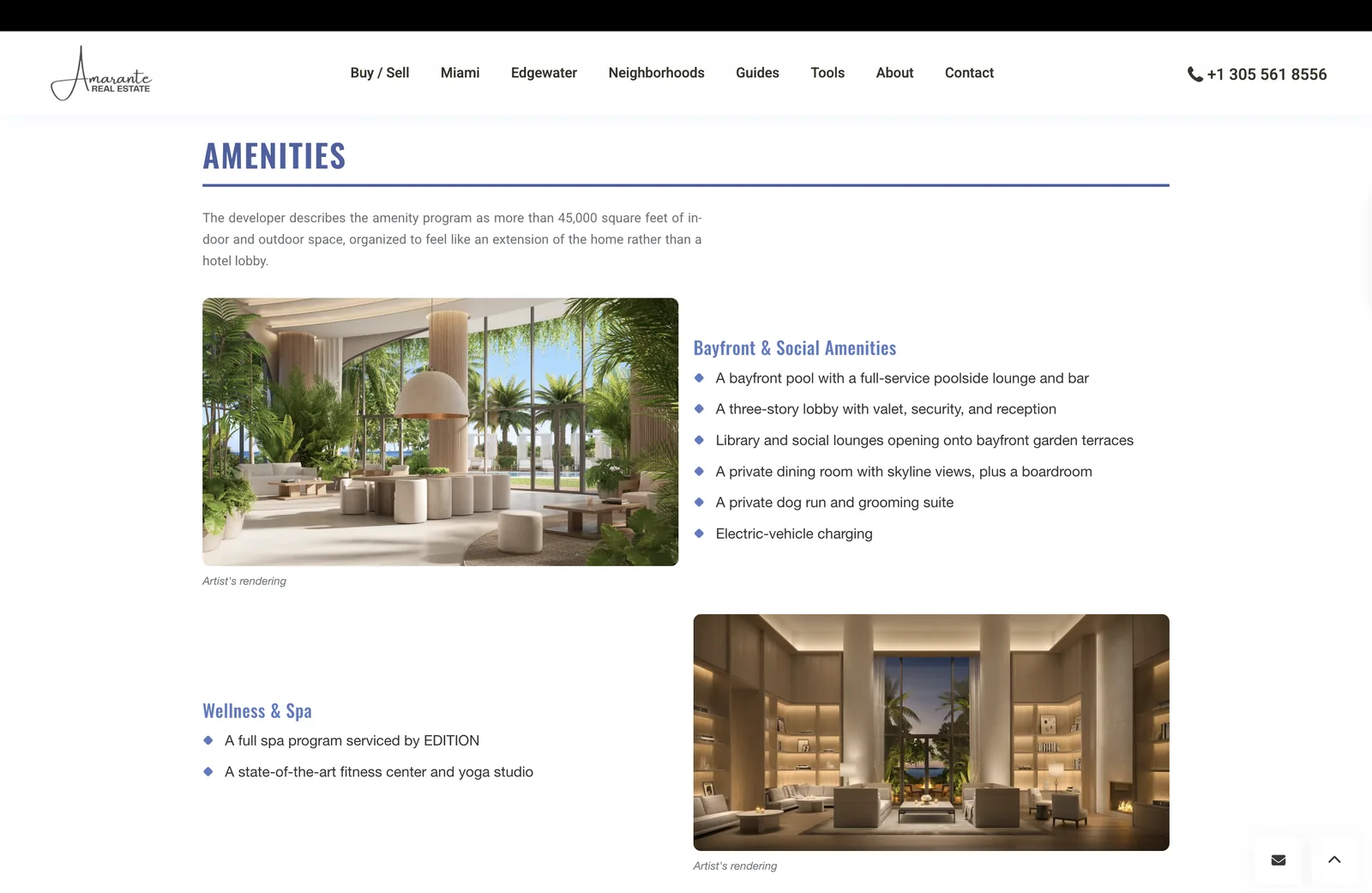 Página de comodidades do Edition Residences da Amarante Real Estate.