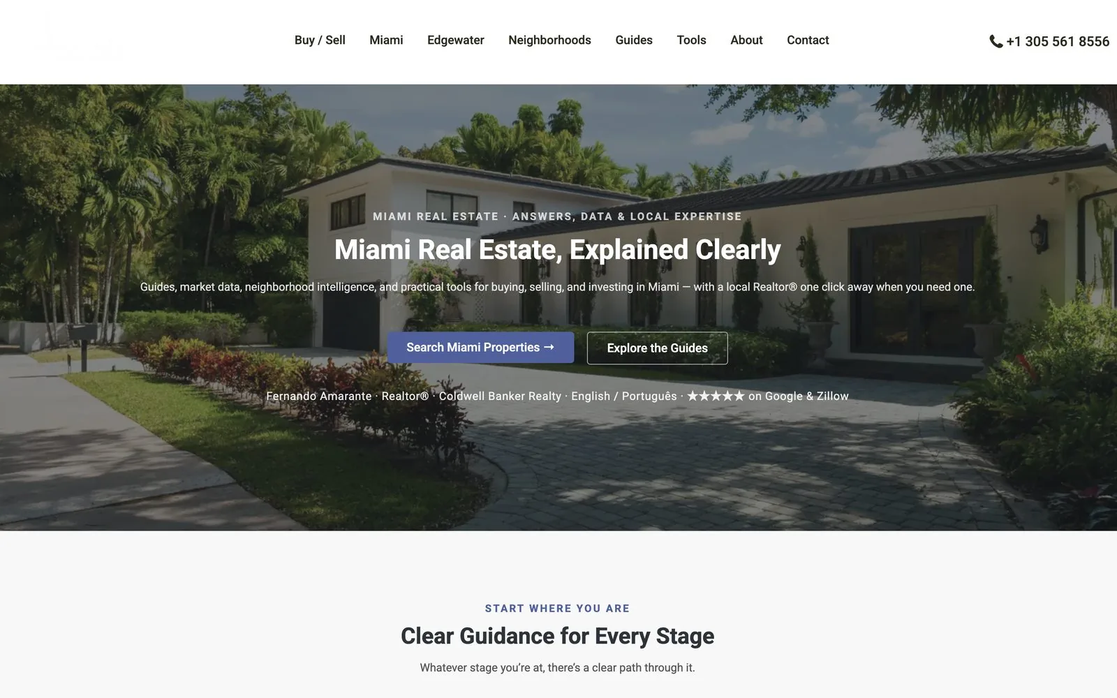 Amarante Real Estate página inicial with Miami market guidance and property search.