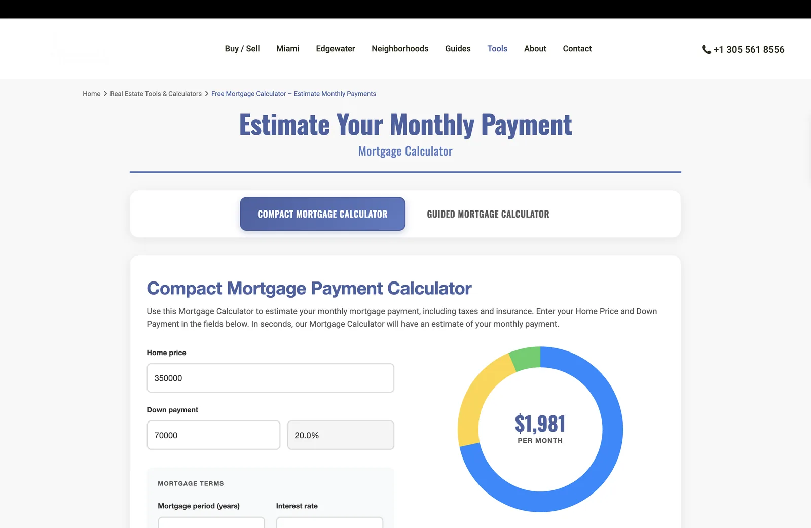 Calculadora de financiamento da Amarante Real Estate.