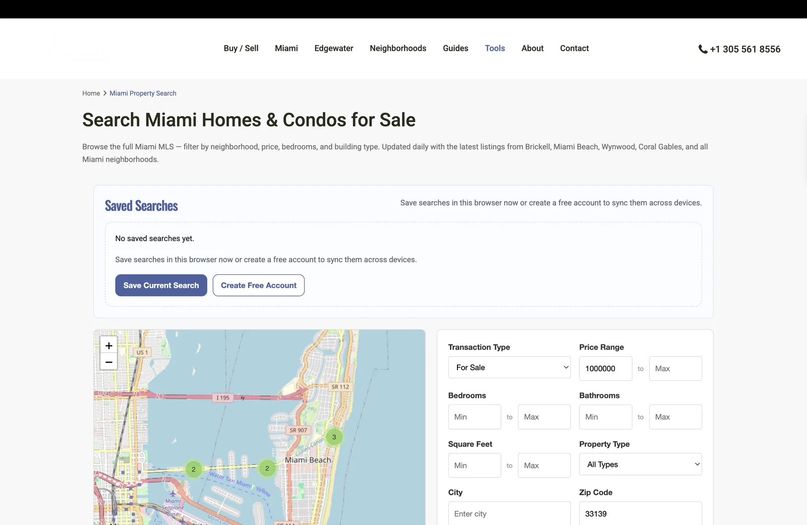 Página de busca de imóveis em Miami da Amarante Real Estate.
