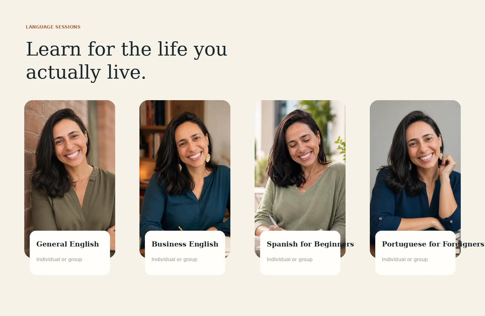Ofertas de idiomas da By Fabi em inglês, inglês para negócios, espanhol e português.