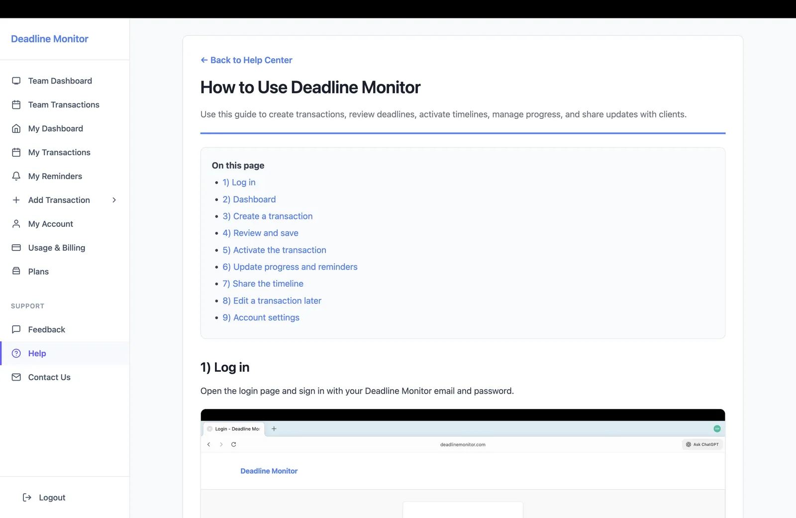 Central de ajuda do Deadline Monitor com orientações de configuração e vídeo tutorial.