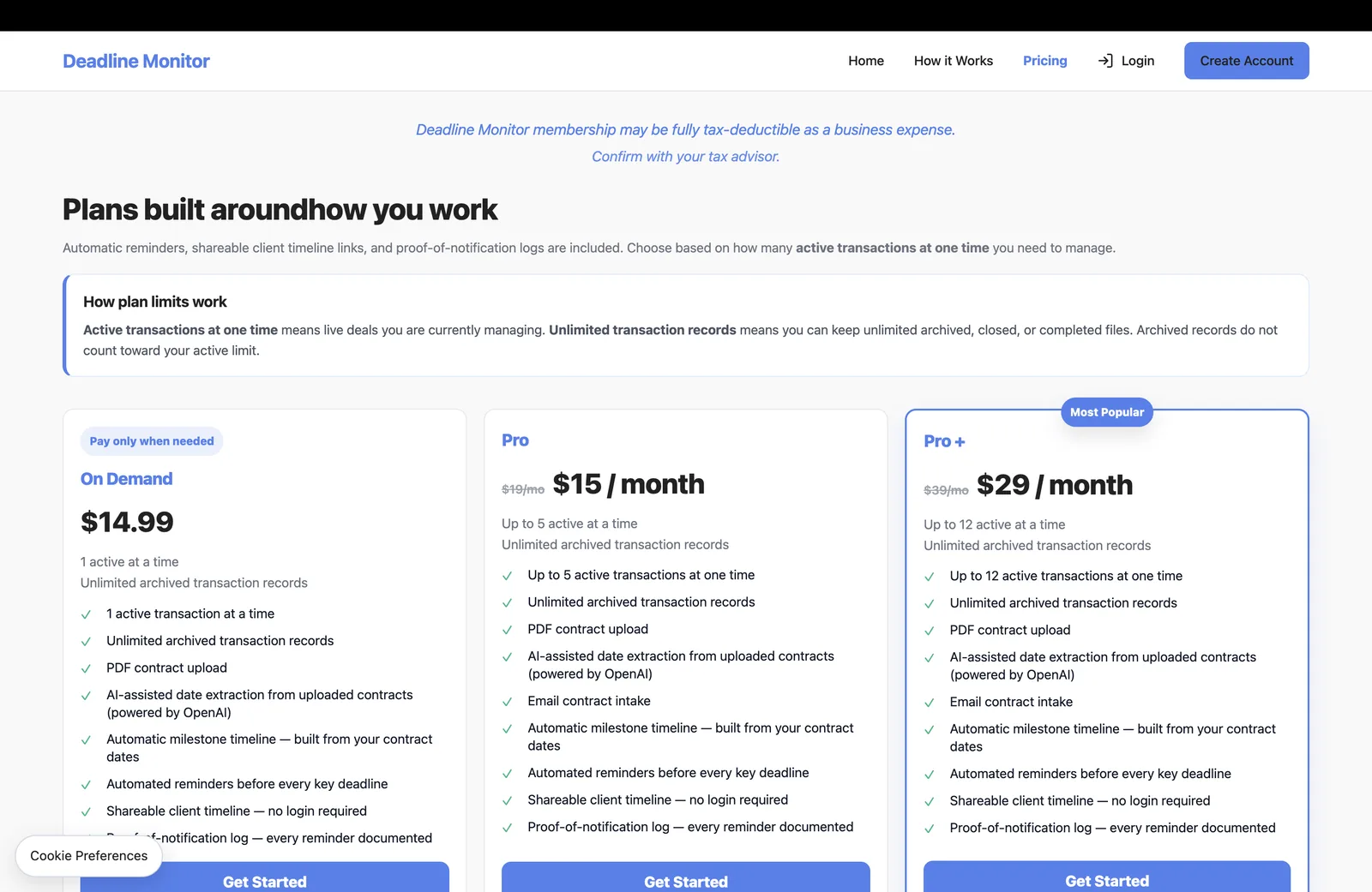Página de preços do Deadline Monitor com opções de assinatura.