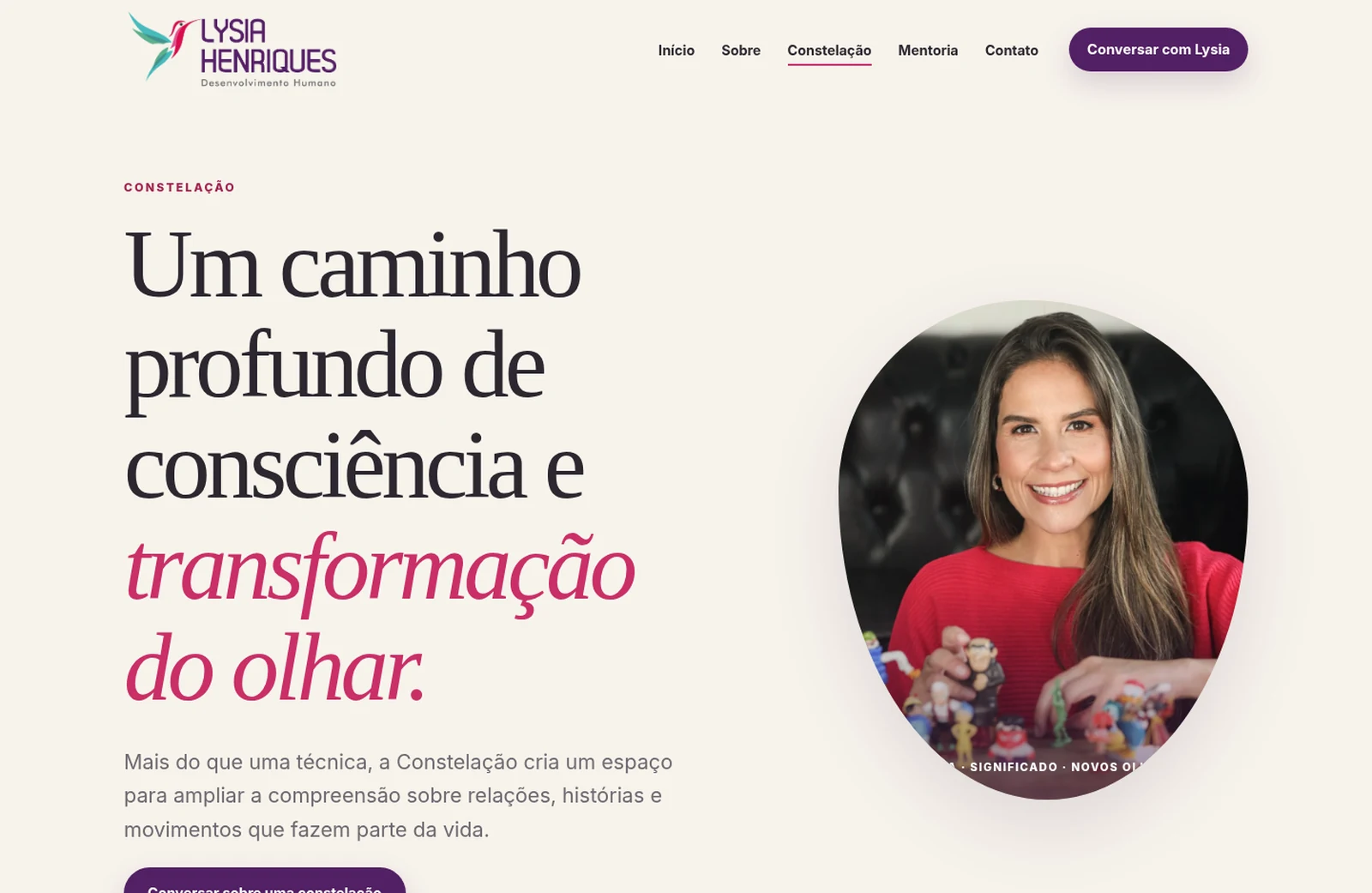 Página de Constelação de Lysia Henriques, apresentada como caminho de consciência e transformação do olhar.