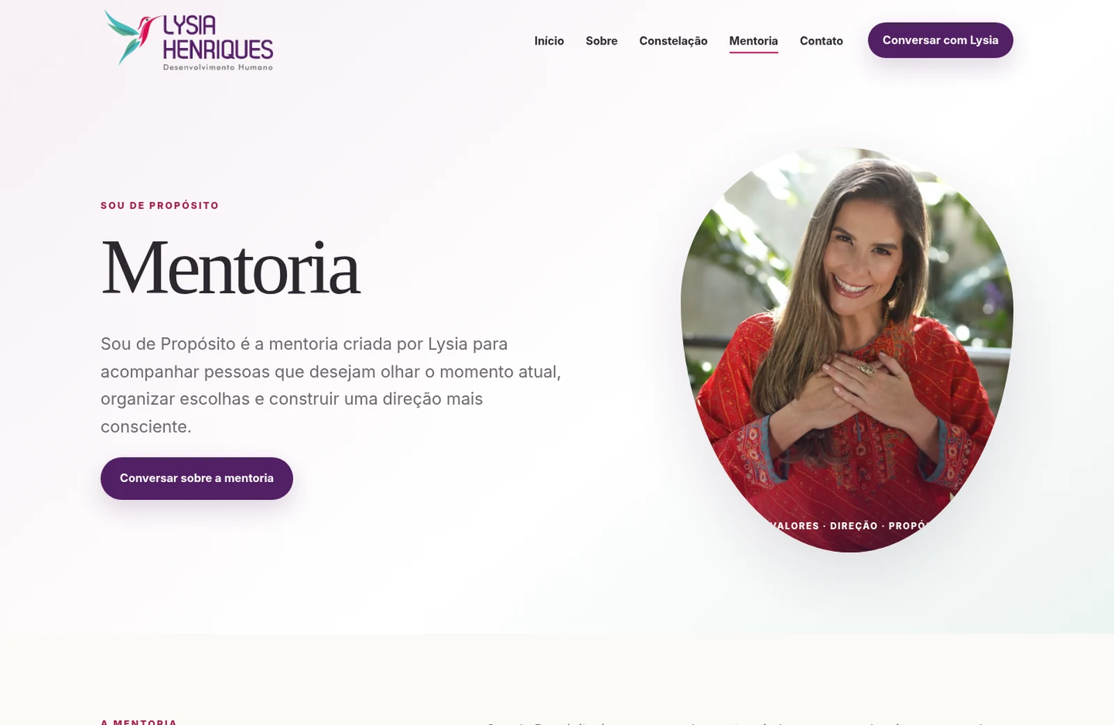 Página de Mentoria de Lysia Henriques para escolhas, valores, direção e propósito.