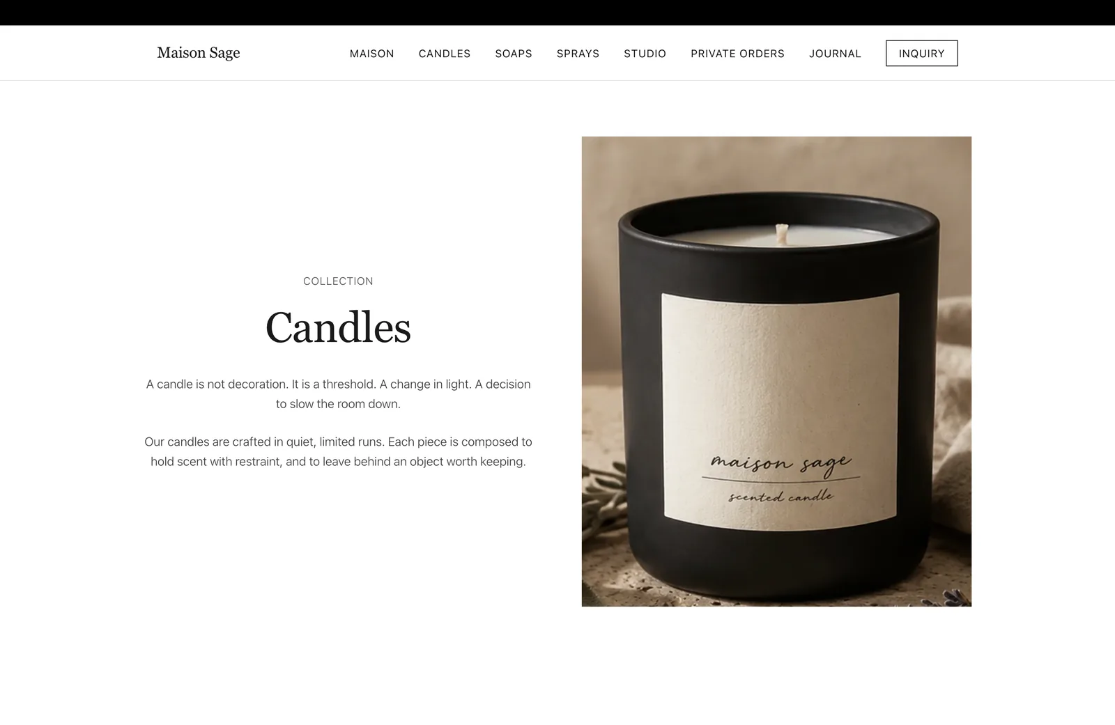 Página da coleção de velas da Maison Sage.