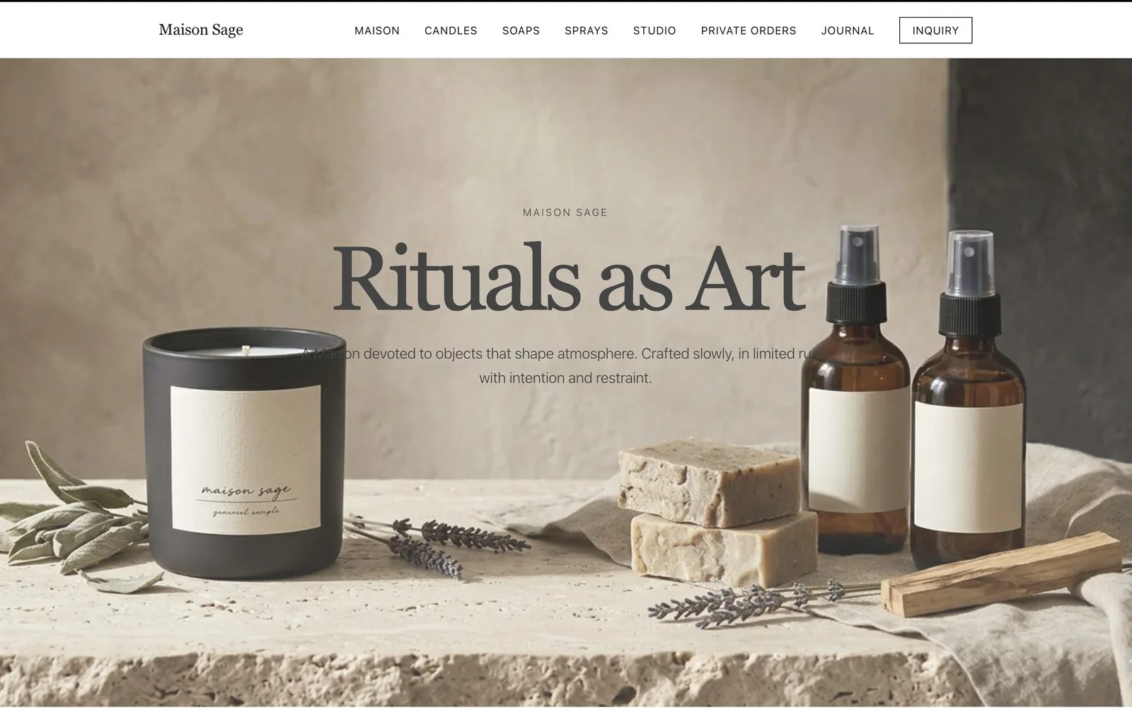 Maison Sage página inicial featuring the Rituals as Art brand presentation.