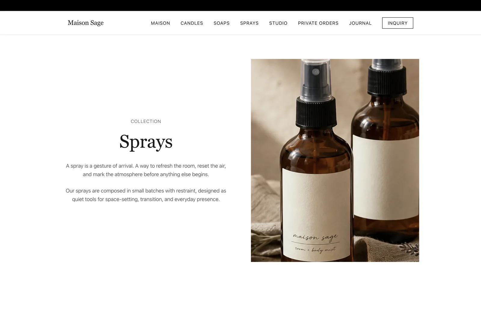 Página da coleção de sprays da Maison Sage.