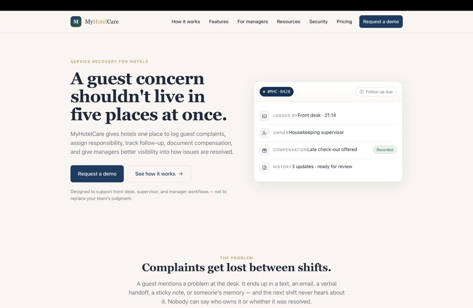 MyHotelCare página inicial introducing service recovery and guest issue management for hotels.