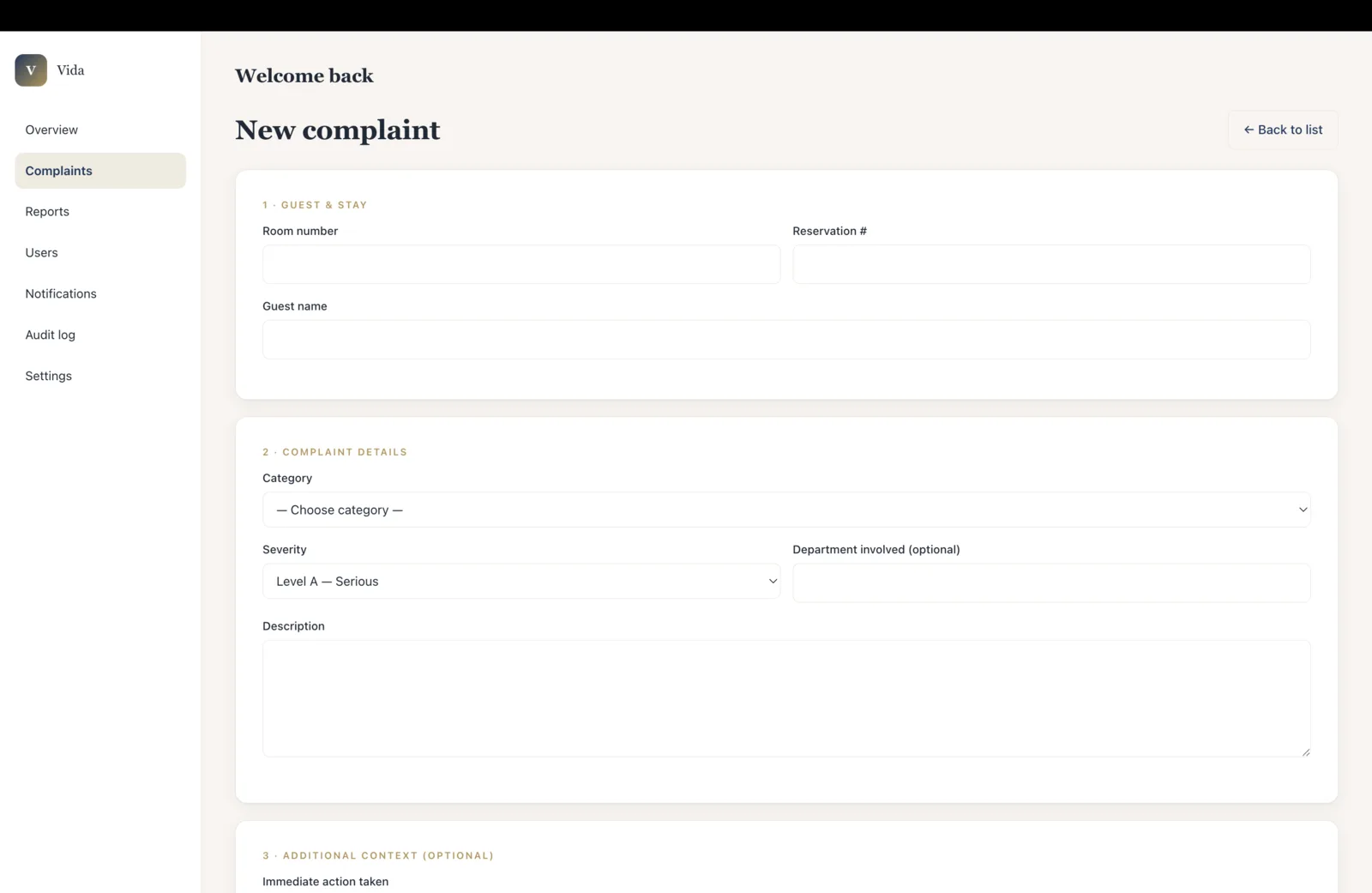 Formulário de nova reclamação do MyHotelCare para registrar uma ocorrência de hóspede com responsabilidade definida.