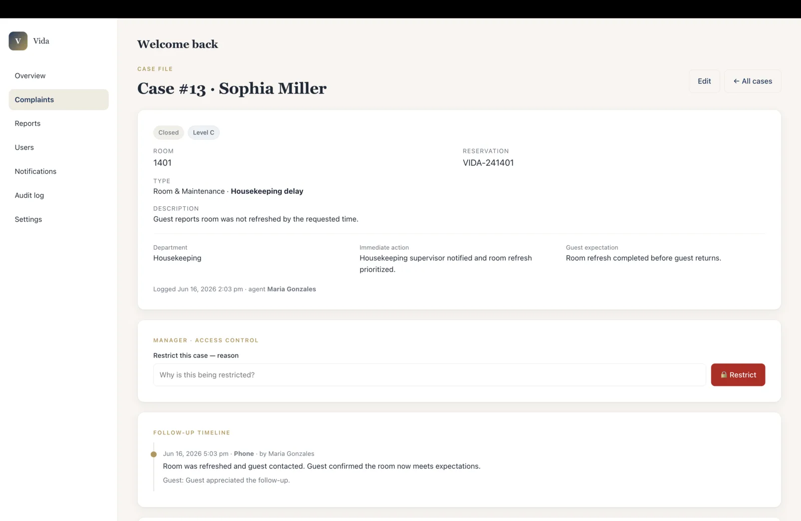Visão de acompanhamento de caso resolvido do MyHotelCare, registrando o encerramento e os próximos passos.