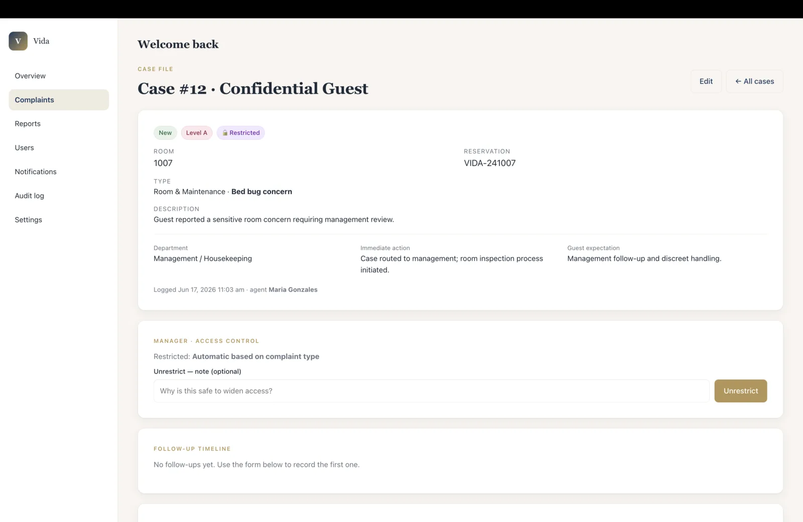 Visão de caso restrito do MyHotelCare com acesso controlado a ocorrências sensíveis.
