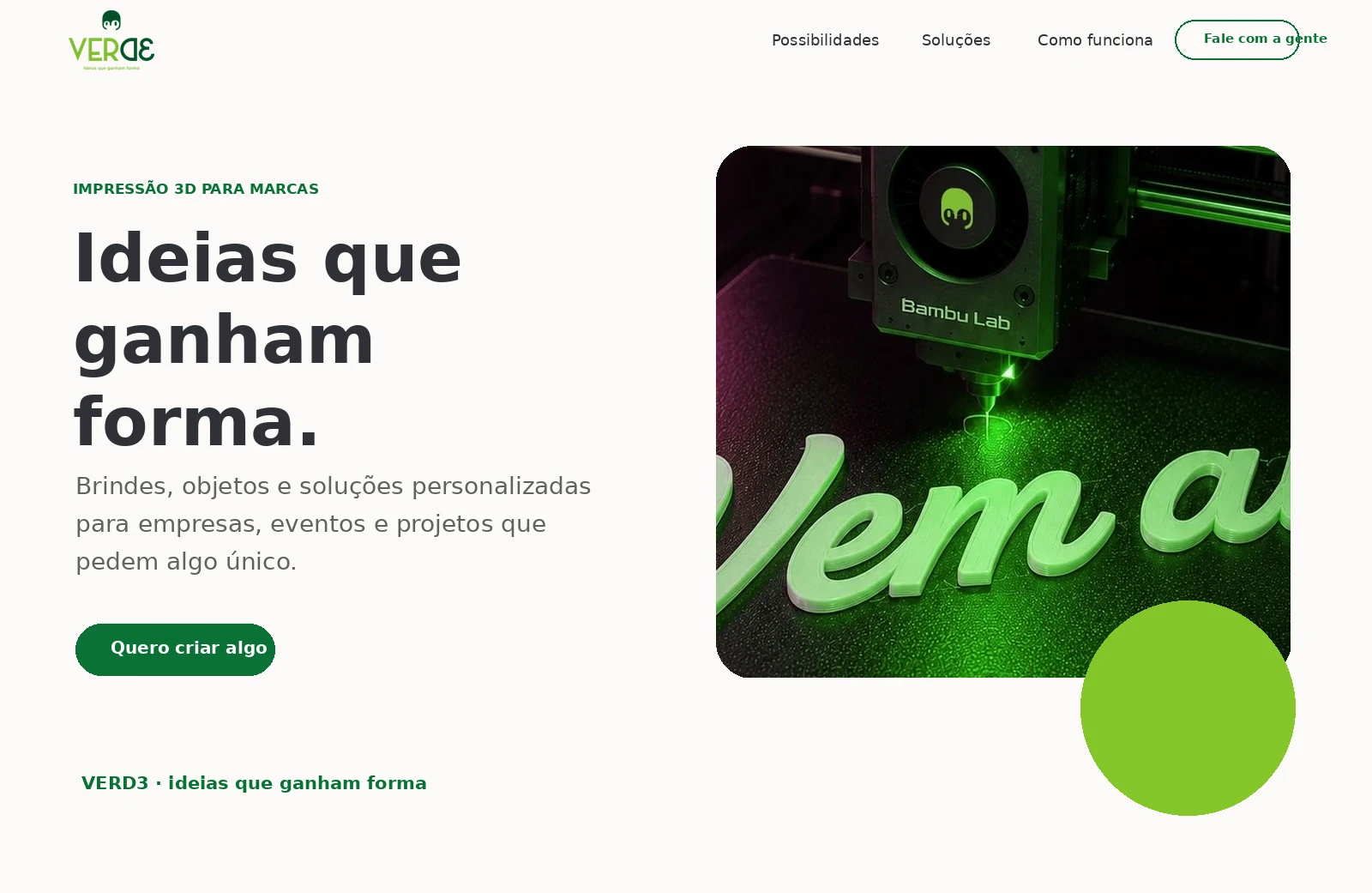 Conceito da página inicial da VERD3 para produtos personalizados em impressão 3D.