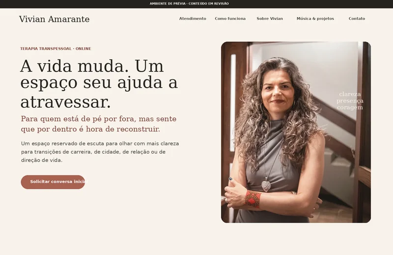 Vivian Amarante website homepage, presenting individual therapeutic work with a clear contact path.