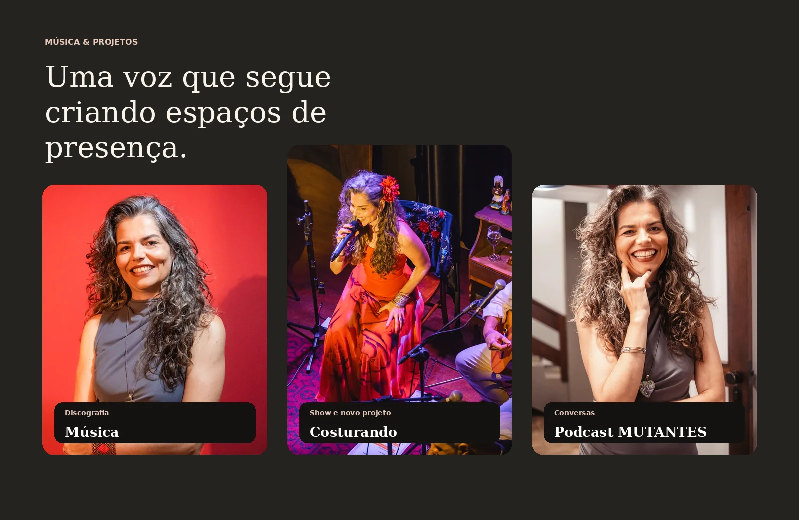 Presença digital de Vivian Amarante conectando terapia, música, shows e o podcast MUTANTES.