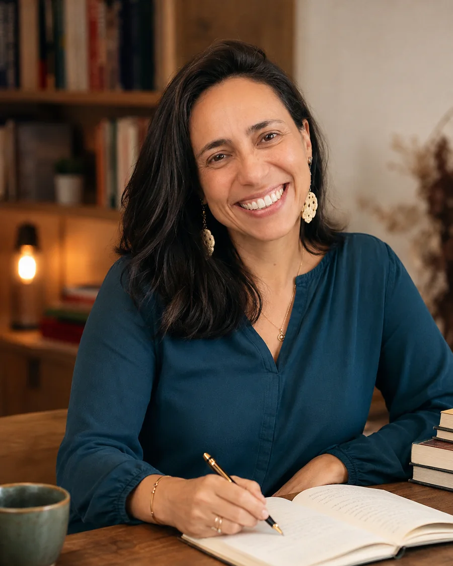 Fabi writing in a notebook in a professional setting