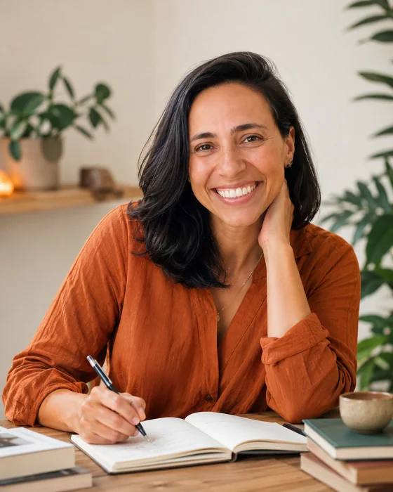 Fabi writing reflectively in a notebook near plants