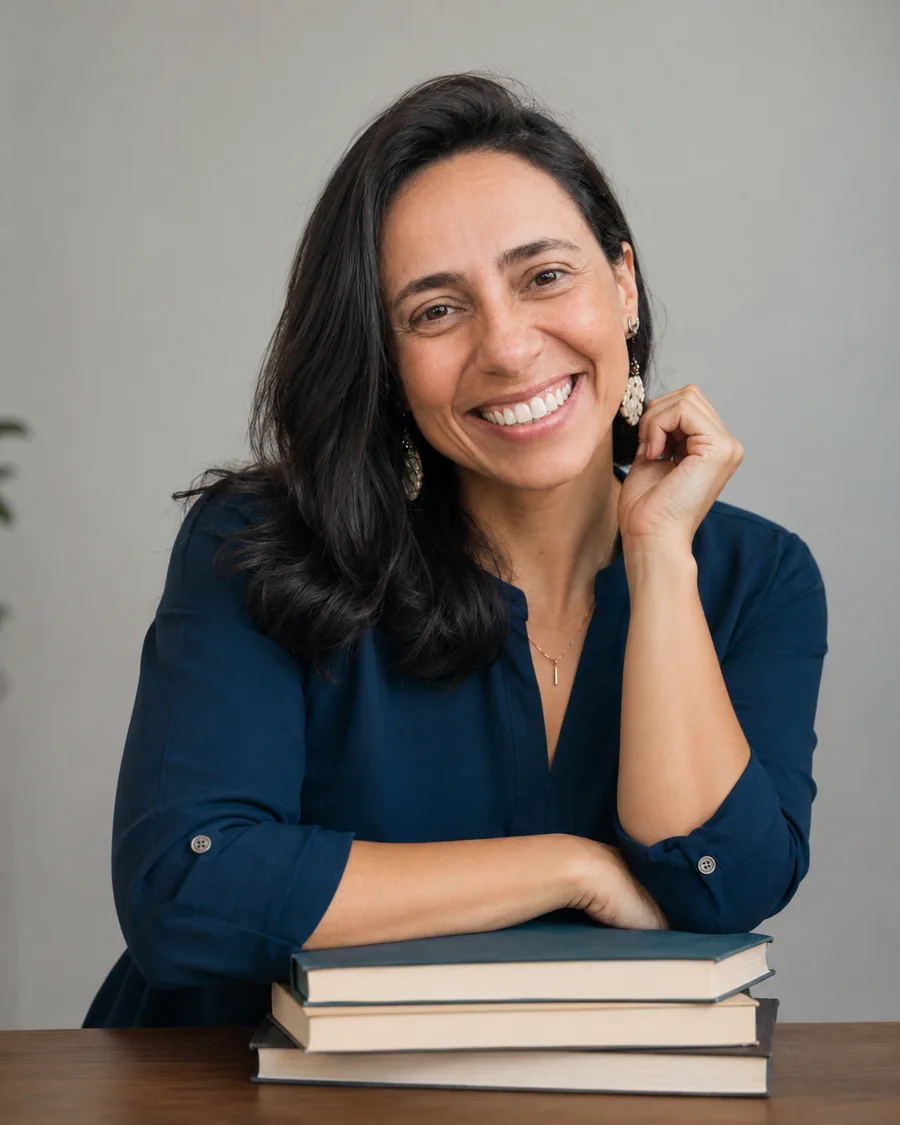Fabi smiling beside a stack of books