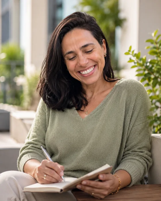 Fabi smiling while writing in a notebook near plants